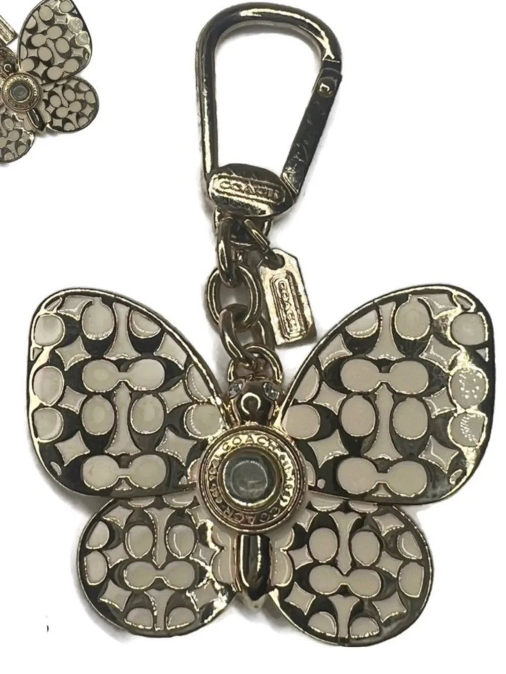 Coach Butterfly White and Gold Enamel Metal Keychain Fob Charm Rare